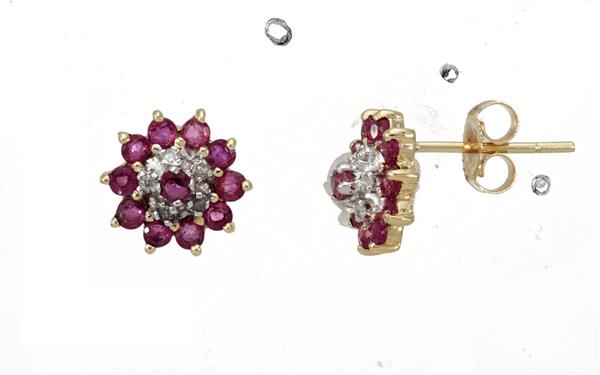 Ruby Gold-Diamond & Stone Earrings 10 Diamonds .050 Carat T.W. 10K Yellow Gold
