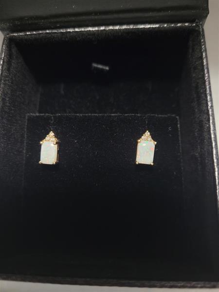 Opal Gold-Diamond & Stone Earrings 6 Diamonds .06 Carat T.W. 10K Yellow Gold