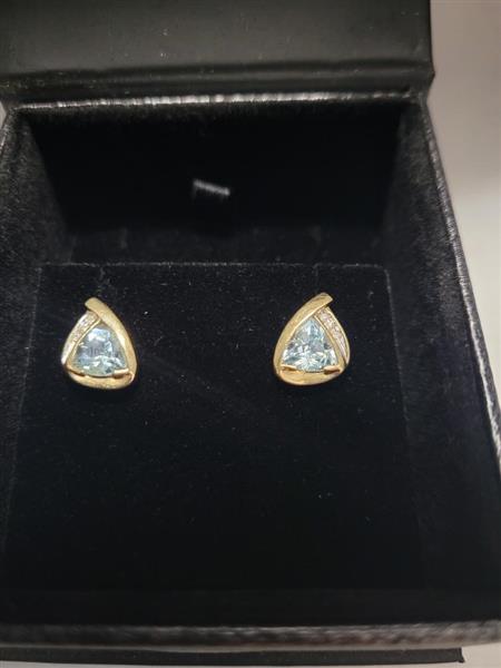 Aquamarine Gold-Diamond & Stone Earrings 6 Diamonds .06 Carat T.W.