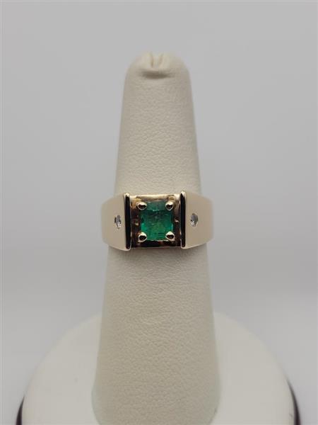 Emerald Unisex Stone & Diamond Ring 2 Diamonds .10 Carat T.W. 14K Yellow Gold