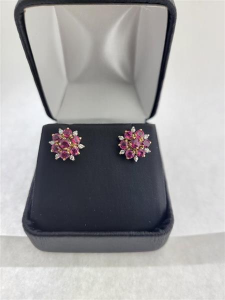 Ruby Gold-Diamond & Stone Earrings 12 Diamonds .12 Carat T.W. 14K Yellow Gold